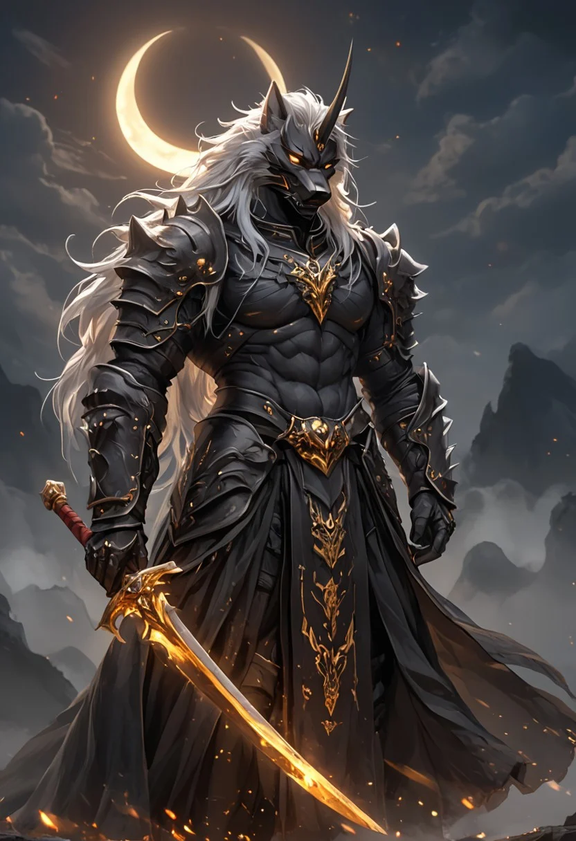 Zen Aku, (long white hair:1.3), wolf face helmet, wolf face mask, (single horn on forehead:1.0), Their face are filled with power and determination, Strong and muscular, (abs:1.1), (wearing king's robes:1.2), black metal armor, leather skintight body suit, clad in flowing, holding sword while walking, darkness of night fall, flowing dark fire light, Crescent moon, fog, wind breeze, perfect proportions, intricate details, dynamic pose, dynamic motion, looking at viewer, fantastical image,