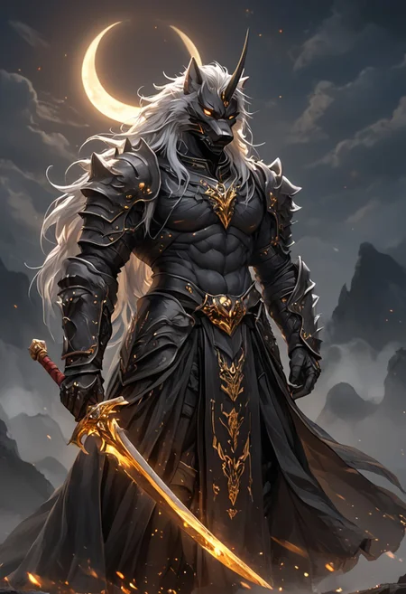 Zen Aku, (long white hair:1.3), wolf face helmet, wolf face mask, (single horn on forehead:1.0), Their face are filled with power and determination, Strong and muscular, (abs:1.1), (wearing king's robes:1.2), black metal armor, leather skintight body suit, clad in flowing, holding sword while walking, darkness of night fall, flowing dark fire light, Crescent moon, fog, wind breeze, perfect proportions, intricate details, dynamic pose, dynamic motion, looking at viewer, fantastical image,