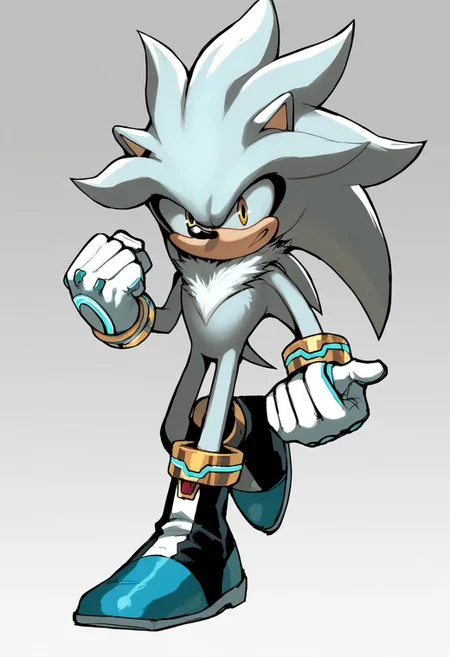 Madmark style, gabrielpicolo, score_9, score_8_up, score_7_up, score_6_up, silver the hedgehog, 1 boy, furry male, solo, animal ears, yellow eyes, animal nose, body fur, fur trim, white gloves, bracelet, tail, boots, male focus, standing, dynamic pose, white background