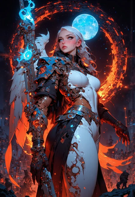 digital artwork of a futuristic, cyberpunk-styled female angelic android warrior with pale skin, long white hair, and large, expressive eyes. She wears a form-fitting, high-tech bodysuit with exposed, intricately designed mechanical parts, revealing ample cleavage. It also has mechanical angelic wings.  The image is a close-up, side profile, emphasizing her elegant, yet robotic appearance. In her left hand she holds a long, gleaming sword with a blue, ethereal flame emanating from the blade, adding a mystical and otherworldly element to the scene. The sword’s hilt is intricately designed with ornate details. Behind the warrior, there is a backdrop of swirling, radiant energy, with bright, fiery colors radiating outward, suggesting an aura or celestial presence. The background is dark with a blue moon. The lighting is even, highlighting her sleek, metallic textures. supernatural, Highly detailed character, precise silhouette, cinematic lighting, ultra-realistic textures, dreamy and immersive composition, masterpiece. (mainly red, orange and yellow colors)