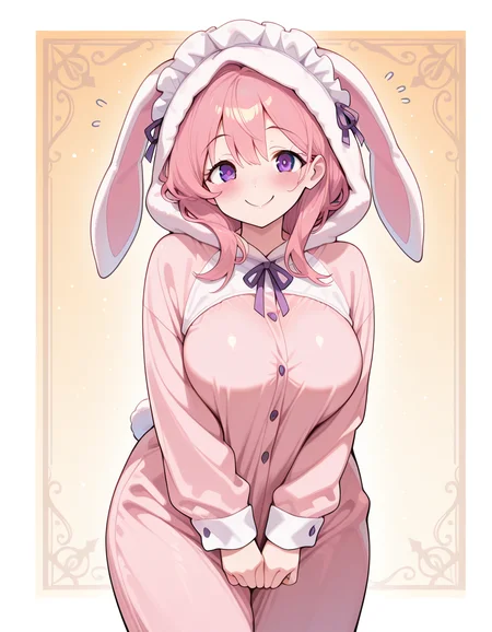 masterpiece, best quality, amazing quality,, <lora:CivChan:1>, CivChan, purple eyes, pink hair, mature female, breasts, maid headdress, , <lora:easter-bunny-cosplay-illustriousxl-lora-nochekaiser:1>, easter bunny cosplay, looking at viewer, blush, smile, long sleeves, animal ears, pajamas, animal hood, animal costume, rabbit hood, rabbit costume,, , ,