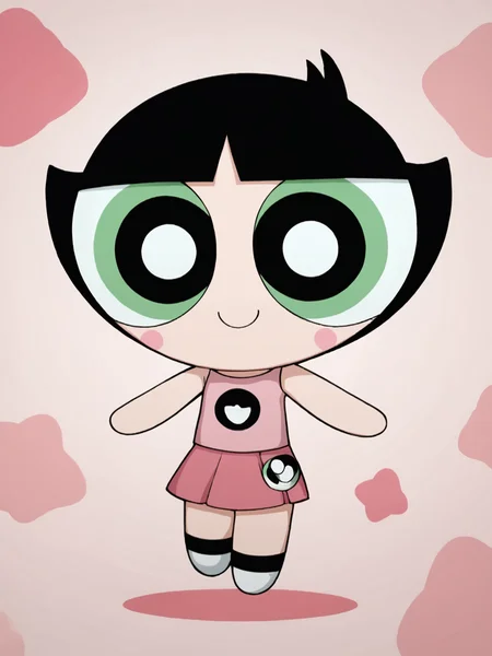 score_9, score_8_up, score_7_up,  score_6_up, BREAK, PowButt3rcup, 1girl, solo, smile, black hair, chibi, pink shirt, pink skirt, looking at viewer,  <lora:Buttercup:1>