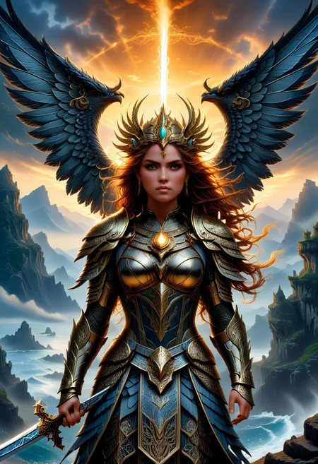 Valkyries in their majestic form: ultra realism, high quality, high resolution 8K and higher, stable and accurate focus, ultra correct anatomy, super details. Valkyries depicted in their majestic form ready for battle.
Valkyries: Beautiful, imposing warrior maidens clad in shining bronze armor with ornate helmets and winged helms. They hold spears and swords that glitter in the light. Each Valkyrie carries a shield with runic symbols and intricate carvings. Their faces radiate determination and courage, their hair long and blowing in the wind. There are slight auras of light surrounding the Valkyries' weapons, highlighting their magical abilities.
Winged horses covered with silvery scales that fly over land and sea. The horses' wings are outstretched, creating an impressive sense of movement and power.
Ancient landscape with mountains shrouded in clouds and mists. A divine fortress can be seen on the horizon, illuminated by the rays of sunrise or sunset, adding drama to the scene. Distant castles and ancient ruins accentuate the mythical atmosphere. Flying creatures and symbolic figures can be seen in the sky, which add depth and mysticism to the scene.
Soft sunrise or sunset lighting effects that illuminate the scene and highlight the details in the Valkyries' armor and weapons.
Runic symbols and intricate carvings on shields and armor, detailed textures on the winged horses and armored Valkyries, the flowing hair and flames in the Valkyries' eyes.
