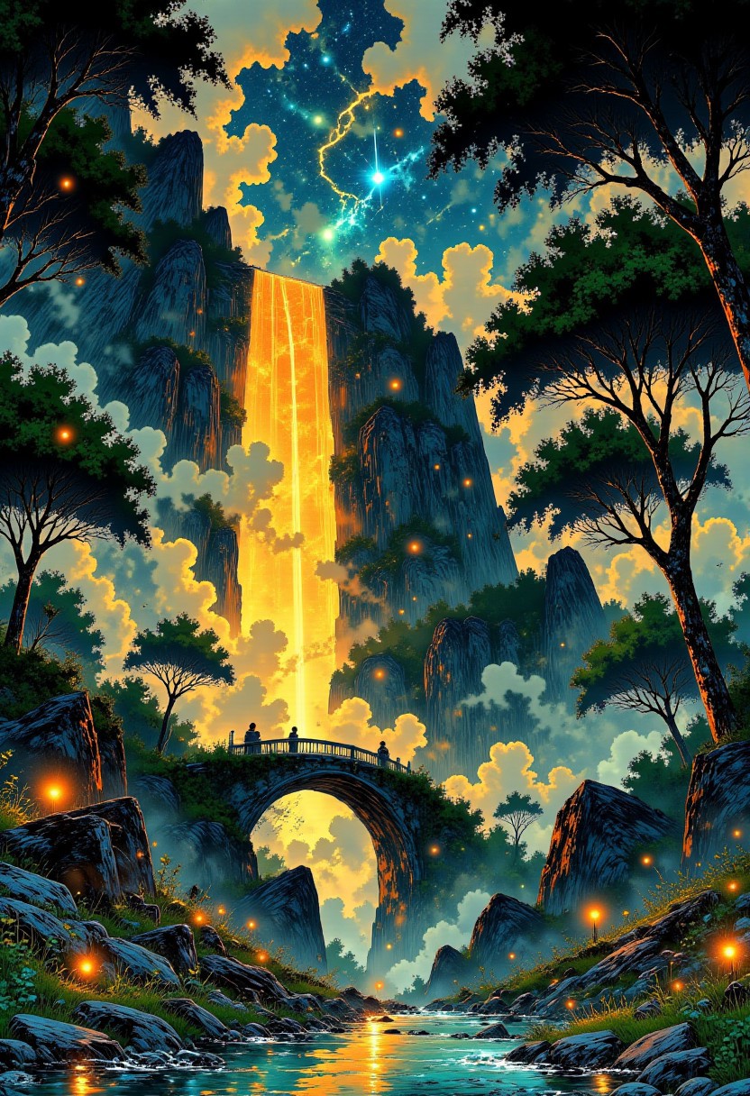 The Cascade of Light – A Waterfall Between Worlds
"An enormous waterfall of liquid gold cascades from a tower of shimmering blue stone, splitting into countless streams that flow through a celestial garden below. Bridges arch gracefully over the glowing rivers, their surfaces etched with ancient runes that pulse with gentle warmth. Towering silver trees reach toward the sky, their branches forming canopies of softly glowing leaves. The garden is alive with gentle whispers, as if the very air carries the voice of the universe."