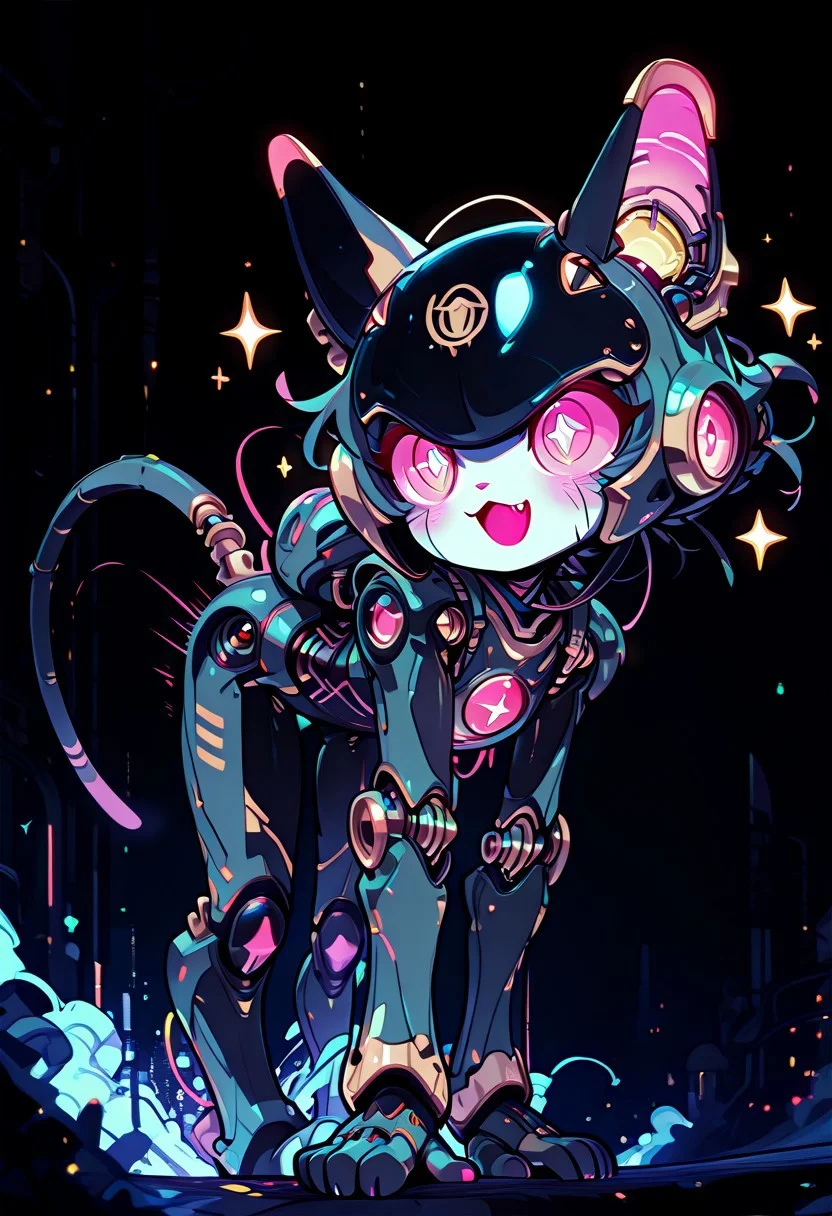 masterpiece, best quality, simple illustration, 1cat robot, no-human, superdeformer, cute, helmet with cat ears, full body, solo, dark background, sparkles, vivid colors, vertical pupils,fang, tail , mcnm, in the style of cknc, cute_style01f1, cyberwitches, runing, speed lines, light trail, superspeed