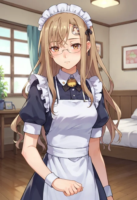 score_9,score_8_up,score_7_up,score_6_up,score_5_up,score_4_up,anime coloring,source_anime,<lora:Ardylia_Summon_Night_3_Pony:0.7>,ardylia,1girl,solo,brown eyes,glasses,long hair,brown hair,forehead ornament,maid_headdress,maid,blush,embarrass,standing,indoors,