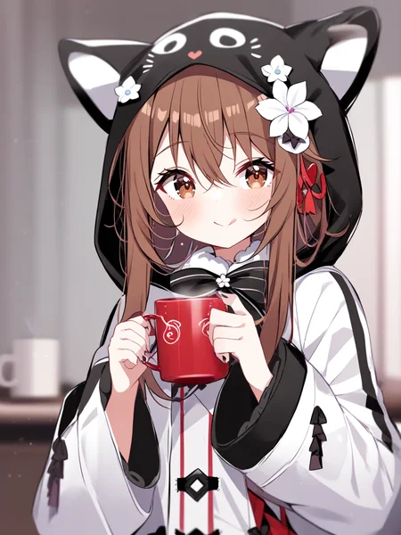 1girl,long hair,looking at viewer,blush,smile,bangs,hair ornament,long sleeves,bow,holding cup,animal ears,hair between eyes,brown eyes,closed mouth,jacket,upper body,flower,heart,tongue,hair flower,hood,tongue out,wide sleeves,nail polish,cup,black bow,fake animal ears,white jacket,white flower,hooded jacket,hood up,:q,mug,animal hood,brown hair,
<lora:deyui_4-000032>,