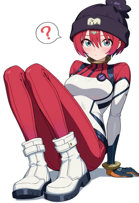 <lora:Amate Yuzuriha_illustrious-000040:1>,
Amate Yuzuriha,combat suit,solo,hat,short hair,gloves,white background,sitting,bodysuit,?,simple background,spoken question mark,looking at viewer,full body,breasts,boots,black headwear,white footwear,closed mouth,blush,arm support,medium breasts,red bodysuit,knees up,long sleeves,red pants,white shirt,