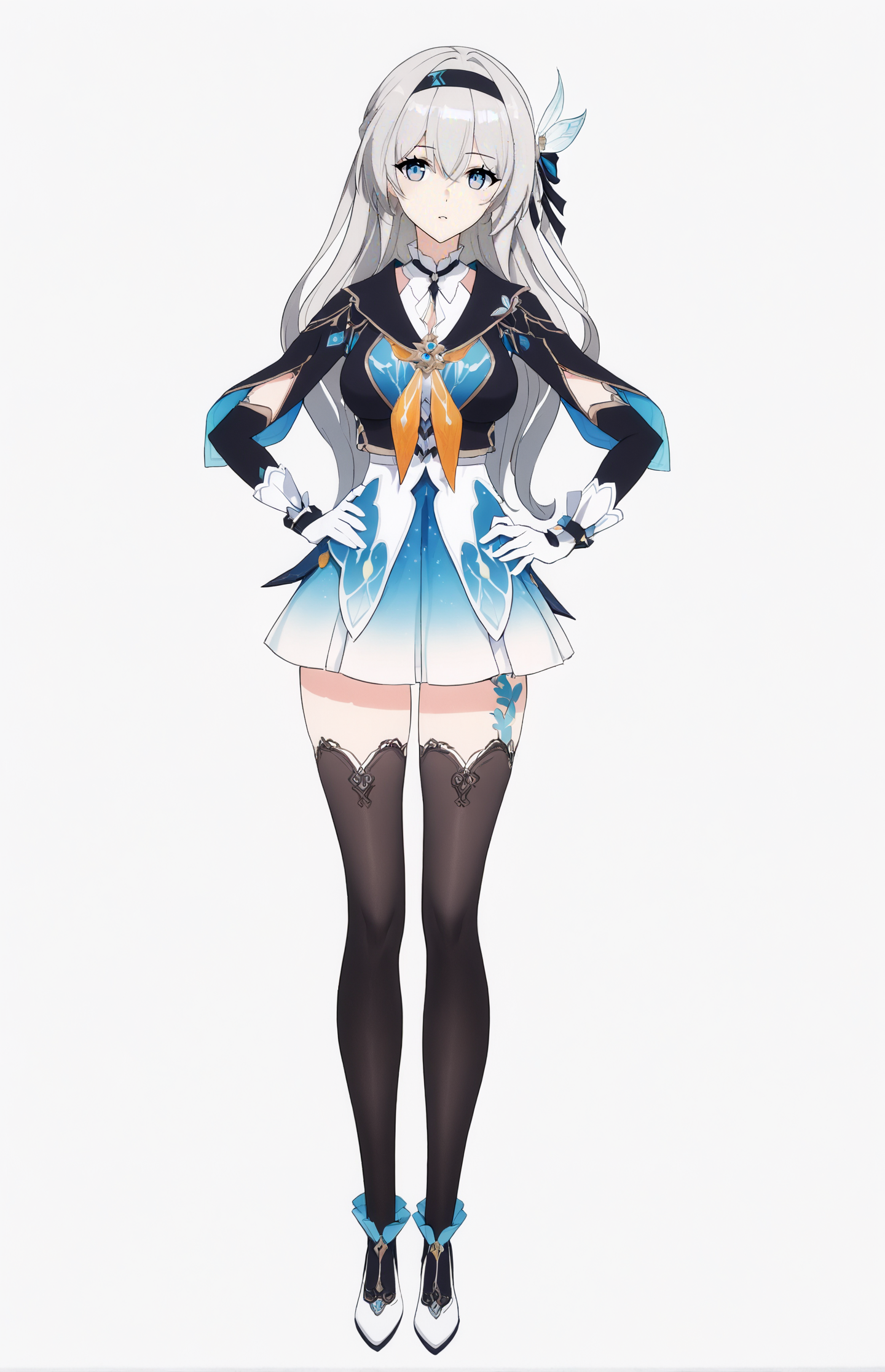 8k, best quality, masterpiece, (ultra-detailed:1.1), (high detailed skin), 
(full body), white background, standing, looking at viewer, (solo), hand on hip, 
<lora:liuying-v100-kohaku-000010:0.7>, liuying, def clothe, 1girl, black thighhighs, blue eyes, hairband, long hair, black hairband, gloves, skirt, 
(beautiful_face), ((intricate_detail)), clear face, 
((finely_detailed)), fine_fabric_emphasis, 
((glossy)), full_shot,