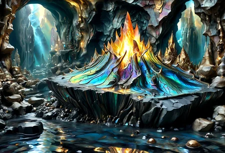 Iridescent Damascus, photorealistic, film grain, candid camera, color graded cinematic, eye catching, atmospheric lighting, highly detailed, deep depth of field, wide angle, wide view of a vast cavern,soft organic shapes, natural formation,smoothed by time and water, a (vast space:1.9) opening before the viewer, an underground lake, crystal clear water, irregular shape formed by millenia of flowing water, reflecting torchlight, crystals in the rock walls glint in the (colours of the rainbow:1.6), intricately patterned with (labradorite:1.8) and moonstone, contrasted with (black granite:2.0), soft rounded shaped rock inviting to sit down near a fire pit emitting warm and welcoming light,