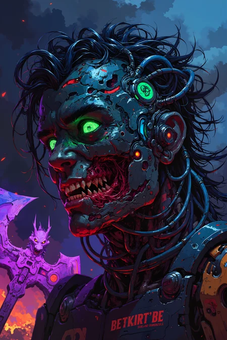 A close-up shot reveals the twisted visage of a battle-crazed warrior with deep, charcoal-black skin and swirling cybernetic lines that glow with pulsating, crimson light. His face is dominated by an oversized cybernetic mask that leaves his lower jaw exposed, revealing jagged teeth stained with blood. One of his eyes is a glowing green hologram, displaying shifting symbols that flicker in and out of focus, while the other is wide and bloodshot, brimming with manic energy. His hair, a tangle of glowing blue wires, coils around his head like a living, sentient crown. Visible scars crisscross his face and neck, some fresh and bleeding, others fused with metal plating. The faint outline of a dragon-like mech looms in the smoke-filled background, its glowing maw mirroring the warriorâs own feral expression. His cybernetic arm, only partially visible, holds the hilt of an ornate axe that glows with neon purple energy, its jagged blade barely coming into frame. The chaotic lighting of a neon battlefield reflects in his crazed eyes, casting eerie shadows across his features. The tension in his clenched jaw and the slight twitch of his exposed, muscular neck suggest a predator ready to strike. , detailed background Fantastic lighting. Detailed shadows.intricate details, vivid colors, hyper-detailed, ultra-sharp, High resolution, high detail. Highly detailed. , DB4RZ, DB4RZ style painting, NeoPigma, in the style of cksc, anime, cyberpunk, a masterpiece, award winning,<lora:CPA:0.5><lora:FLUX-daubrez-DB4RZ:0.3><lora:NeoPigmaV3:0.35><lora:ck-shadow-circuit-000021:0.35>