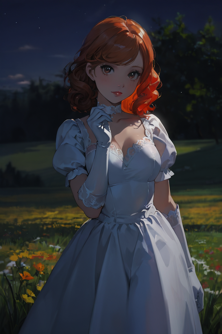 masterpiece, best quality, highres, newest, low light, dark, 1girl, solo, medium hair, curly hair, wavy hair, orange hair, swept bangs, brown eyes, lips, lipstick, looking at viewer, medium breasts, choker, medium dress, white dress, lace trim, puffy sleeves, puffy short sleeves, short sleeves, gloves, elbow gloves, white gloves, hand up, cowboy shot, closed mouth, standing, outdoors, field, flower, grass, plant, sky <lora:Summer Nights [LoRA] - NoobAI-XL EPS 1.0:0.8>