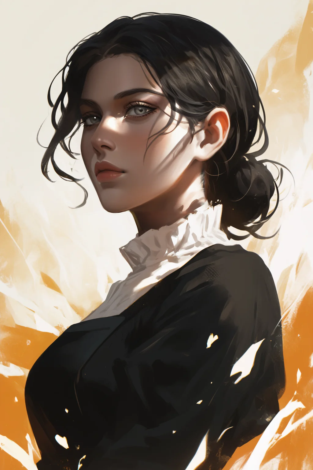 score_9, score_8_up, score_7_up, BREAK source_anime, <lora:Lara Tybur-PonyXL-lora-Faxtron:1> lara tybur, grey eyes, black hair, single hair bun, medium breasts, black dress, long sleeves, apron,