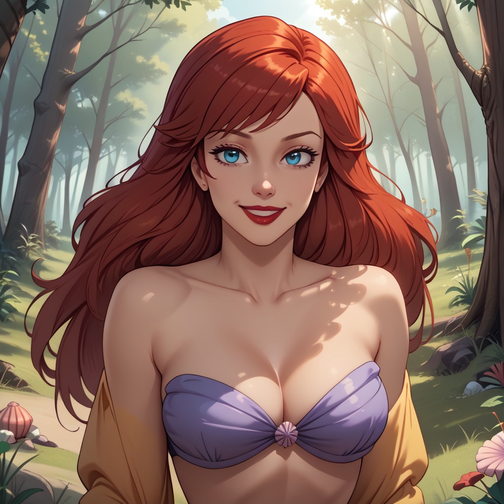 score_9, score_8, BREAK, Ariel, 1girl, blue eyes, red hair, long hair, side bangs, red lips, purple bikini, strapless bikini, (seashell bikini), sexy pose, self portrait, smile, outdoors, sunlight, shadows, evening lighting, natural lighting, forest, trees, grass, orange sky, sunset