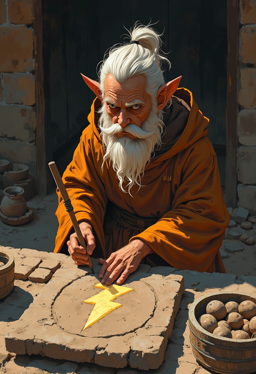 An anthro quokka stonecarver monk of ambiguous gender is carving a lightning bolt symbol onto a stone tablet in a monastery workshop, portrait, anime style oil painting