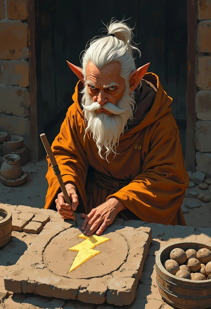 An anthro quokka stonecarver monk of ambiguous gender is carving a lightning bolt symbol onto a stone tablet in a monastery workshop, portrait, anime style oil painting