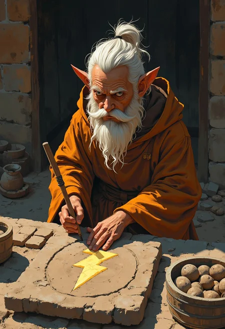 An anthro quokka stonecarver monk of ambiguous gender is carving a lightning bolt symbol onto a stone tablet in a monastery workshop, portrait, anime style oil painting