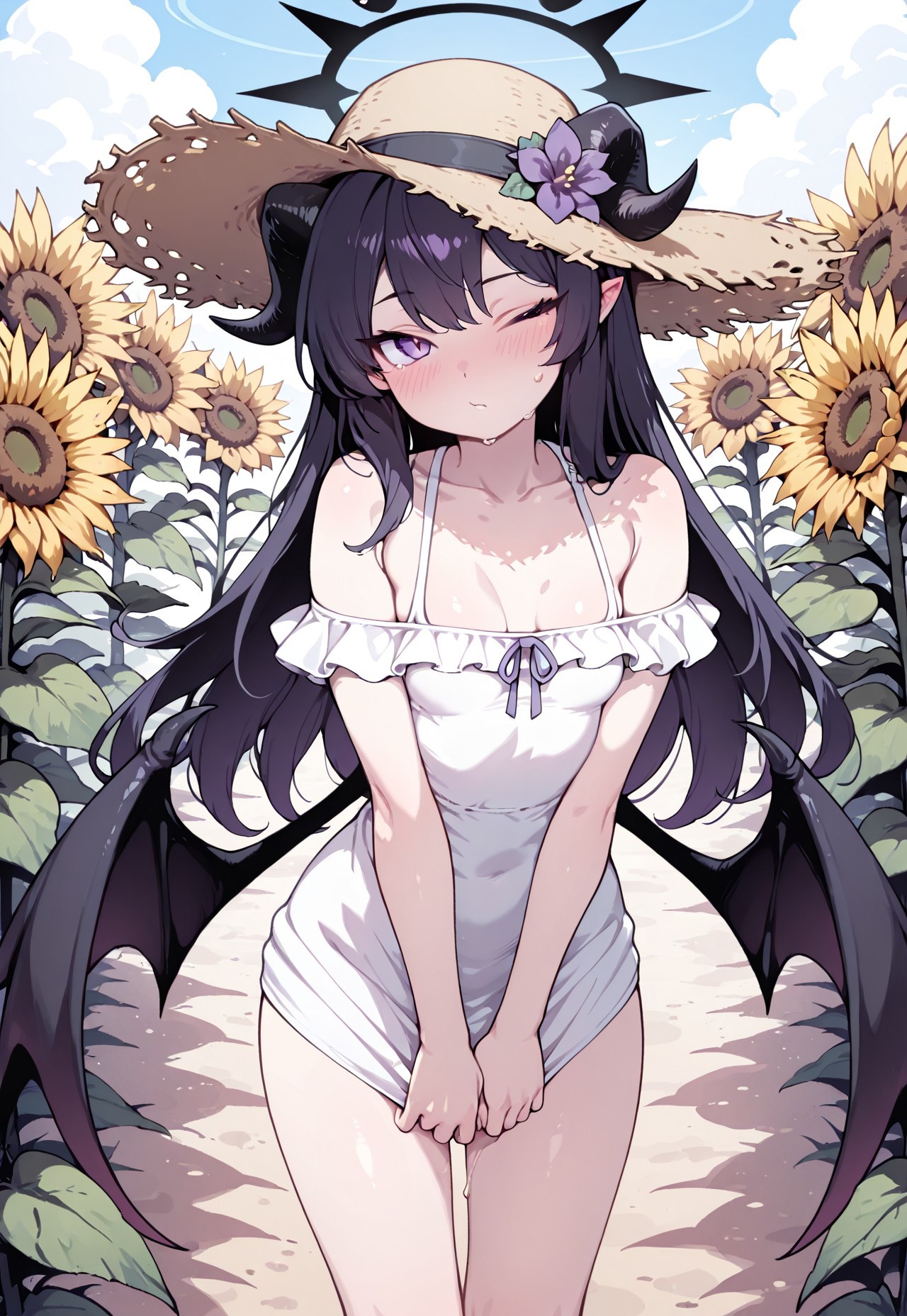 masterpiece, best quality, amazing quality, 1girl, solo,
black halo,blush,breasts,demon girl,demon horns,demon wings,flower,halo,hat,horns,long hair,looking at viewer,off shoulder,purple eyes,small breasts,standing,straw hat,summer,sunflower,outdoors, wink
