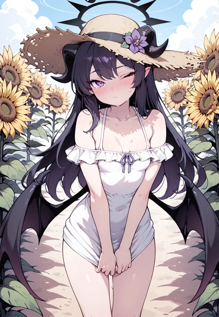 masterpiece, best quality, amazing quality, 1girl, solo,
black halo,blush,breasts,demon girl,demon horns,demon wings,flower,halo,hat,horns,long hair,looking at viewer,off shoulder,purple eyes,small breasts,standing,straw hat,summer,sunflower,outdoors, wink