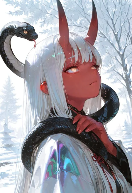 masterpiece, best quality, good quality, newest, highres, absurdres, volumetric lighting,gradient color,
BREAK
raytracing, volumetric lighting, ambient occlusion, girl, background, masterpiece, best quality, very awa, absurdres,
BREAK
Aka-Oni, oni, colored skin, (red skin:1.3), straight horns, solo, long hair, model style,
BREAK
masterpiece,amazing quality,best quality,ultra-detailed,8K,illustration,CG,shiny hair,clear skin,ultra-detailed-eyes, background,cute girl, eyelashes
BREAK,
winter, snow, ((manhwa style, semi-realistic)), ((calm expression, soft eyes, expressive eyes)), (one large snake over shoulder, black snake, iridescent black scales), cool white lighting, (looking at user, facing user, relaxed stance, tilted head), half body, dynamic pose, ((close up)), petting snake,