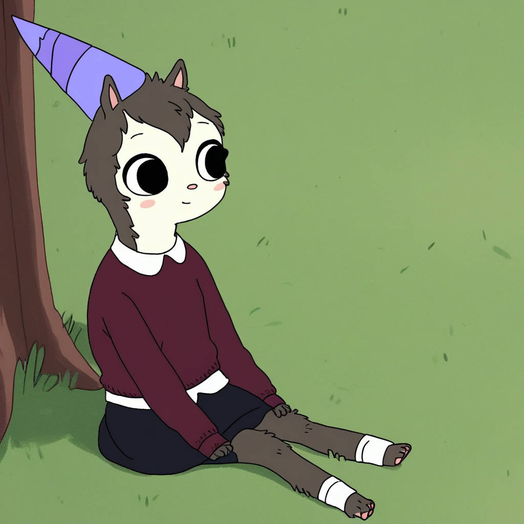 score_9, solo, hh_sci, 1girl, furry, party hat, animal ears, sweater, skirt, cute, sitting, grass, tree