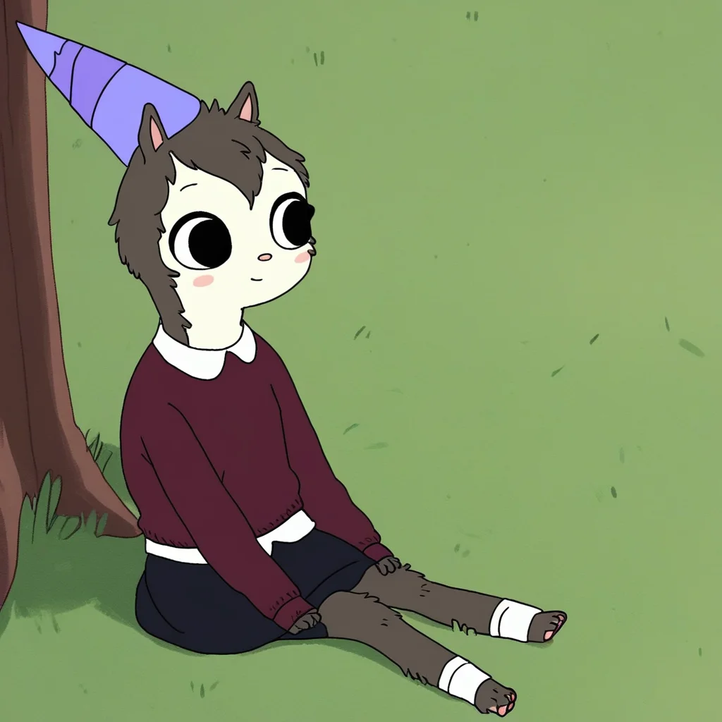 score_9, solo, hh_sci, 1girl, furry, party hat, animal ears, sweater, skirt, cute, sitting, grass, tree