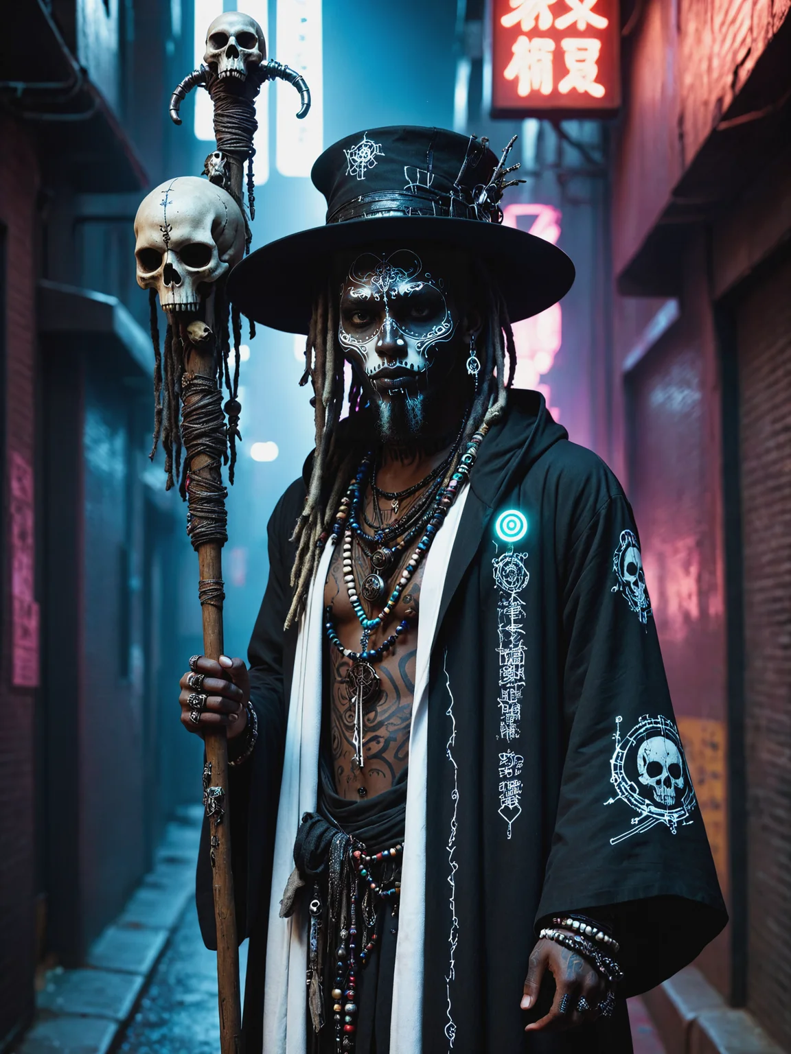 man, cyberpunk, dark alley way, white face paint, staff, skulls, robe, hat, dread locks, beads, magic dark skin, mad-vdprst , night, neon signs, garbage, haze  <lora:Neon_Cyberpunk_Voodoo_Mage_SDXL:0.8>, (masterpiece:1.2), best quality