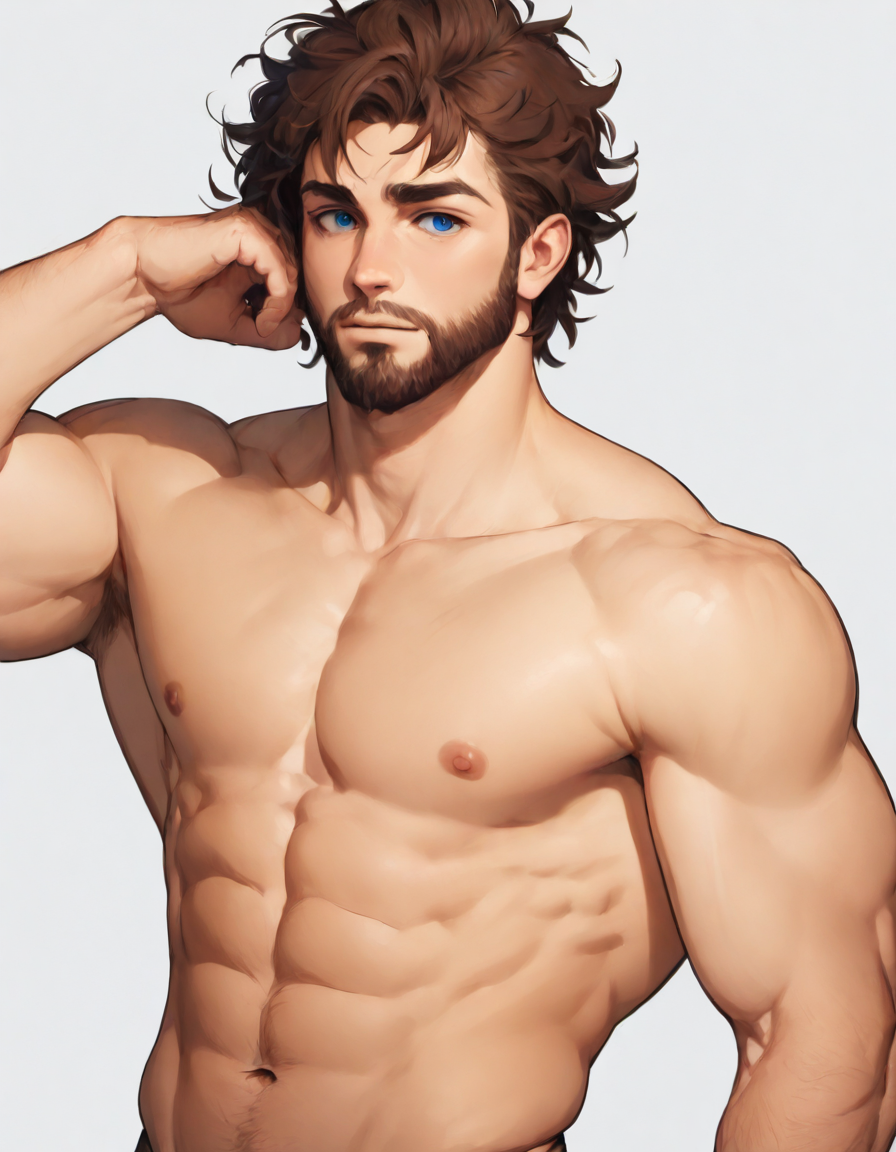 illMaleupBody, solo, looking at viewer, short hair, blue eyes, simple background, brown hair, white background, navel, nipples, collarbone, upper body, male focus, T-shirt, stomach, muscular, facial hair, abs, pectorals, muscular male, messy hair, bara, beard, large pectorals, topless male, 1boy
<lora:ILLå¡é2Dç·å­ä¸èº«illMaleupBody:0.8>,