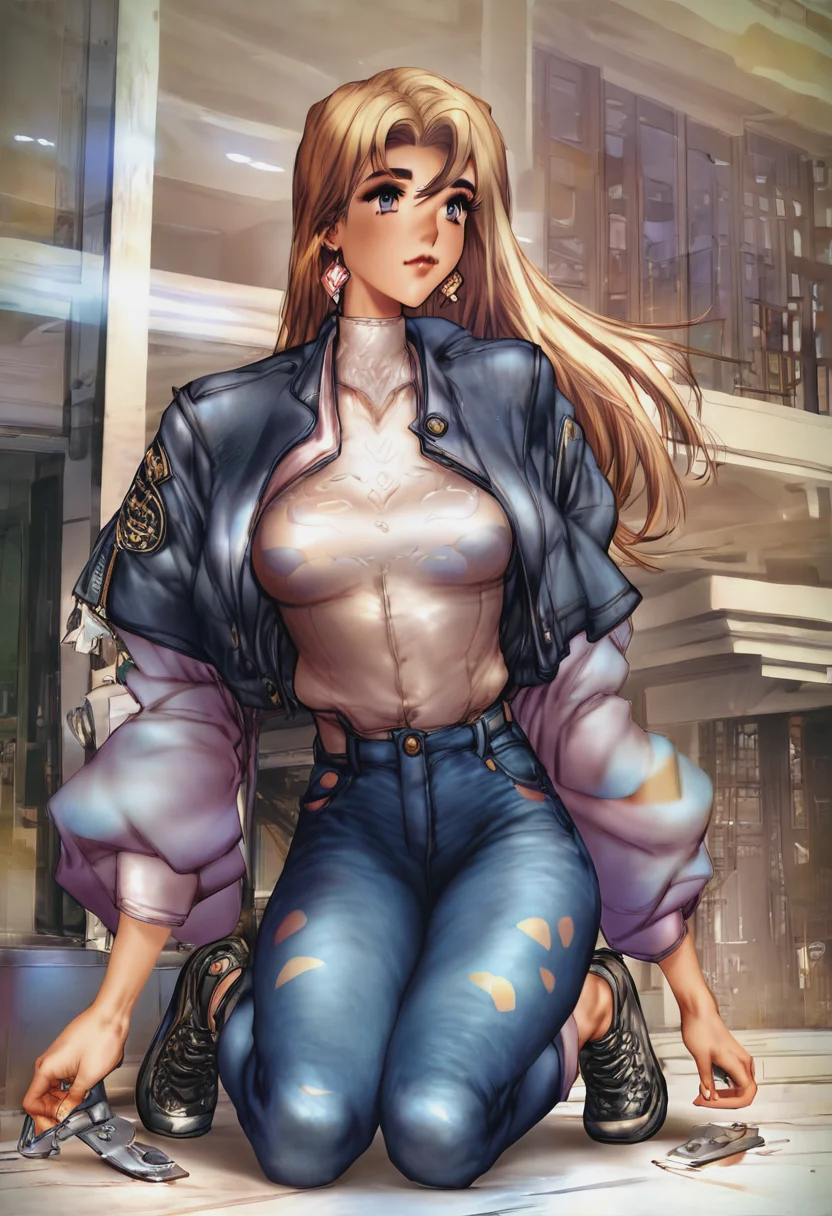 score_9, score_8_up, score_7_up, 1girl, mature_female, portrait, solo, Kneeling with one hand reaching out, atmospheric_perspective, (Harlequin Denim Jacket), blond_hair, full_body, rating_safe, <lora:pony\artist_styles\masamune shirow_pony:1.2>