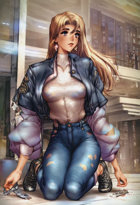 score_9, score_8_up, score_7_up, 1girl, mature_female, portrait, solo, Kneeling with one hand reaching out, atmospheric_perspective, (Harlequin Denim Jacket), blond_hair, full_body, rating_safe, <lora:pony\artist_styles\masamune shirow_pony:1.2>