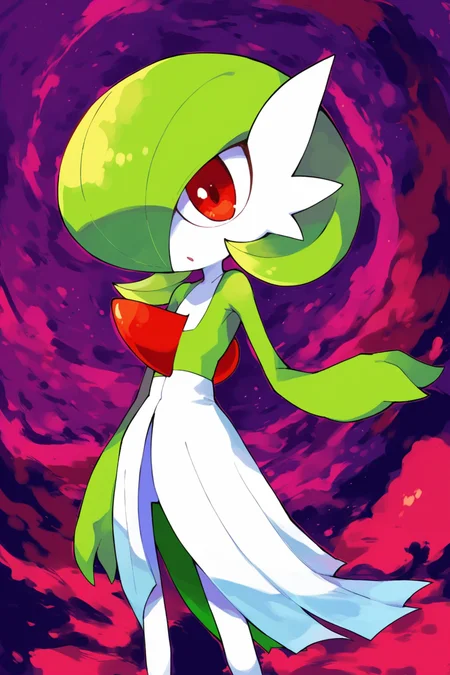 score_9, score_8_up, score_7_up, score_6_up, score_5_up, score_4_up, masterpiece, high quality, BREAK, full body, BREAK, 1girl,   <lora:Gardevoir[Pony]:0.8> Gardevoir, white skin, short hair, red eyes, white dress, pokemon (creature), red crest on chest, green sleeves, shiny,