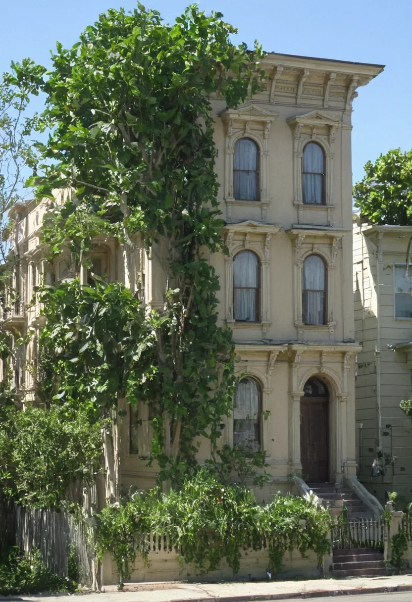 <lora:Victorian_house_SDXL_v2:1> v1ct0r14n, day, Italianate, 3story, tree, plant, house
