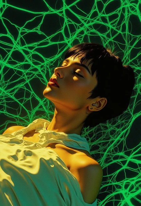 A stunning digital artwork merging photorealism with abstract digital effects, showcasing a serene woman with closed eyes lying on her back, her face gently illuminated by warm light that highlights her delicate features and casts soft shadows. She has light skin and dark, neatly styled hair that frames her tranquil expression, exuding peace and introspection. The woman is draped in white, soft, fluffy clothing, adding an element of comfort and purity to the composition, subtly contrasting with the futuristic elements around her. The background features a bright, glowing green grid pattern, its luminous lines intersecting precisely to form a vivid, network-like structure. The vibrant, ethereal glow of the grid creates a stark contrast against her warm skin tones and the soft texture of her clothing, intensifying the interplay of light and shadow. This radiant grid design adds depth and dimension, giving the impression that she is floating or suspended within a surreal, digital space. Blending surrealism and digital artistry, the piece evokes a dreamlike atmosphere that bridges the physical and the abstract. Her serene presence and the intricate, glowing grid explore themes of consciousness, reality, and digital existence, resulting in a captivating, otherworldly visual experience.