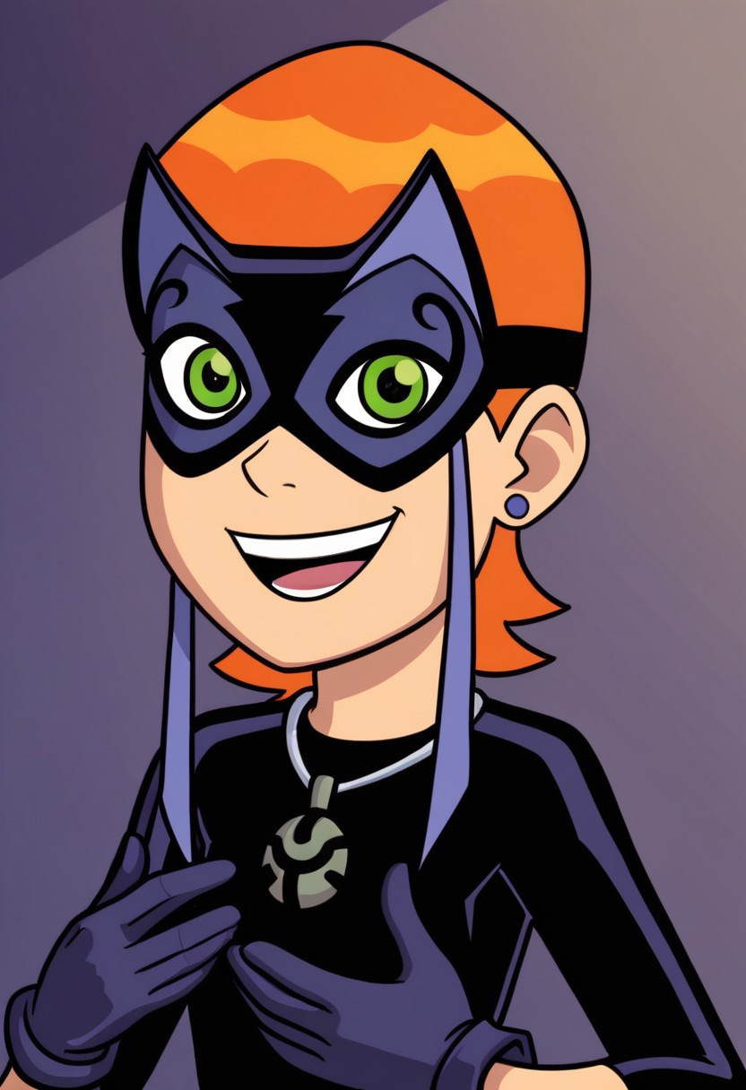 ss_luckygirl, 1girl, mask, solo, green eyes, orange hair, gloves, jewelry, bodysuit, smile, earrings, open mouth, domino mask, flat chest,short hair,upper body,smile,looking at viewer