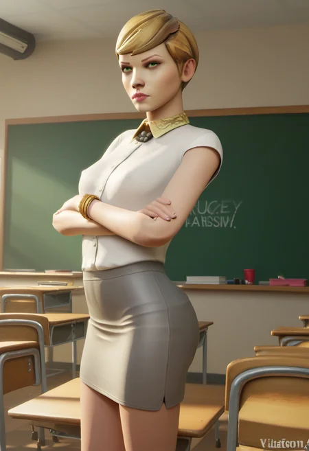 zPDXL, zPDXLxxx, BREAK <lora:Victoria_Chase_Life_is_Strange_for_PonyXL:0.8>, victoria_chase, solo, 1girl, skirt, short hair, crossed arms, realistic, blonde hair, green eyes, jewelry, upper body, socks, standing, shirt, miniskirt, bracelet, shoes, pencil skirt, lips, photorealistic, grey skirt, indoors, classroom