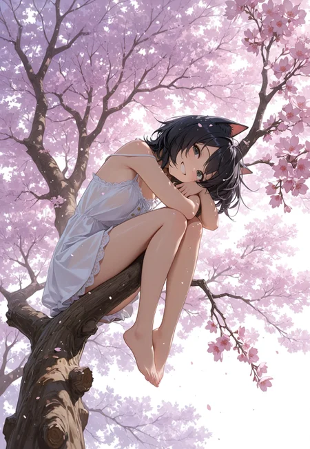 masterpiece, best quality, amazing quality, dynamic view,
BREAK a cunning cat girl lies on a branch, black hair, hugging the branch with her legs and arms, looking attentively at the viewer, grin, short dress, sakura tree,
soft lighting, blum effect, particles, intricate cinematic background,