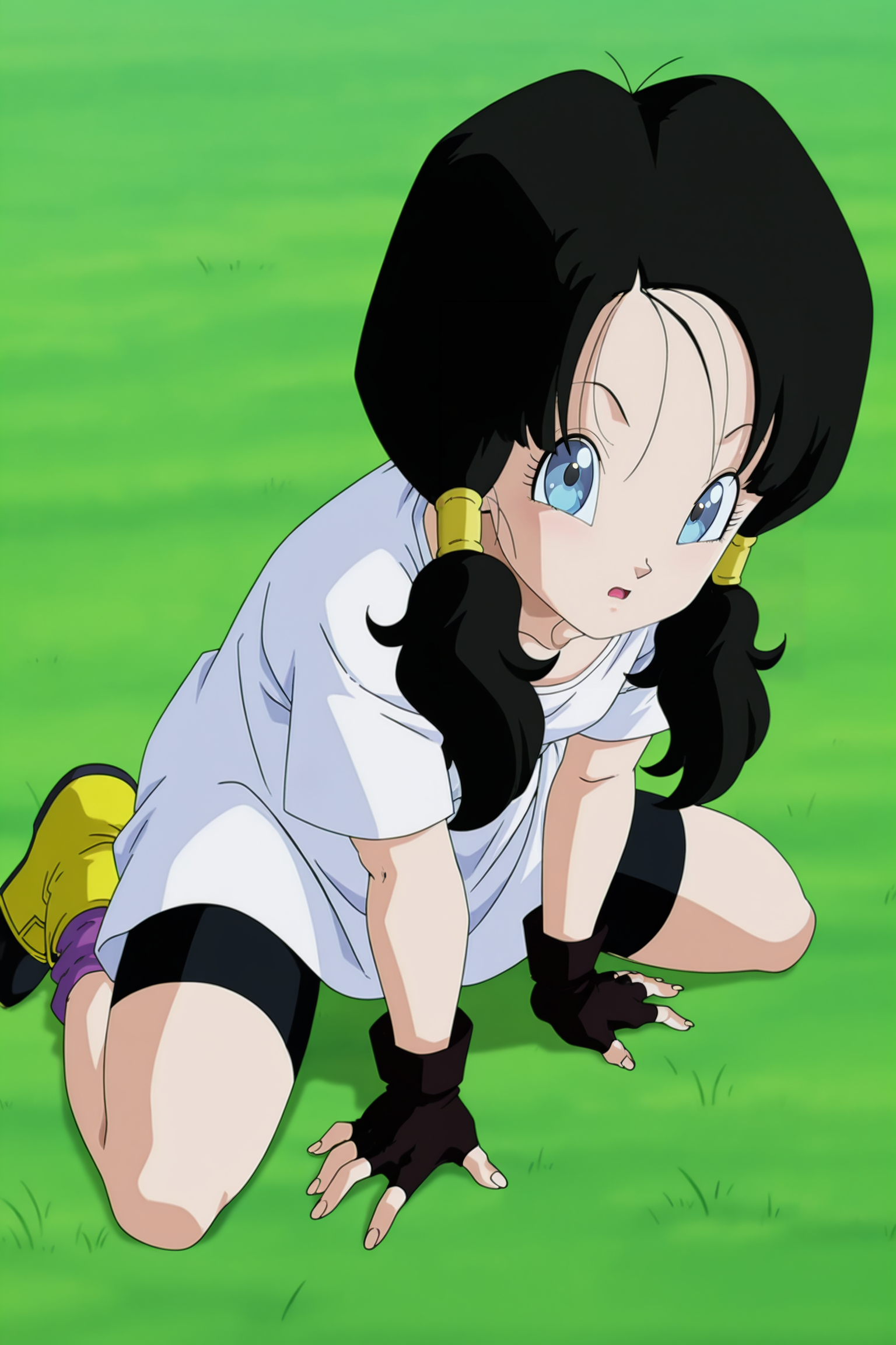 anime screencap, absurdres, high quality, official style,
videl, costume 1, official style, 1girl, solo, black hair, twintails, long hair, hair tubes, raised eyebrows, blue eyes, eyelashes, white long shirt, short sleeves, black gloves, fingerless gloves, bike shorts, loose socks, purple legwear, ankle boots, multi tone footwear, yellow footwear, outdoors, grass, blurred background, hand on floor, open mouth, confused, looking at viewer, from above, kneeling, fingernails, sitting
 <lora:Videl:0.8>