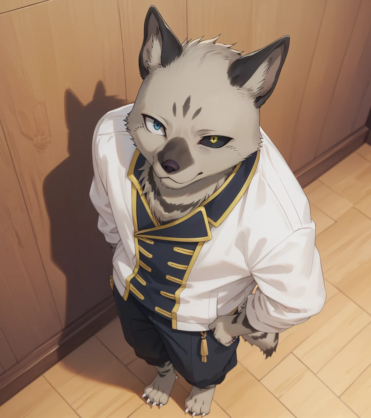 score_9, score_8_up, score_7_up, score_6_up, score_5_up, score_4_up,hi res, high-angle view, three-quarter view, canid,mammal, furry male,full body, heterochromia, blue-grey eye, white sclera, yellow eye, black sclera, lean body,leaning against wall, looking above, looking at you, foreshortening, depth of field, white jacket, gold trim, white bottomwear, casual, markings,feet, claws, tail, male, narrowed eyes:1.5, <lora:lanteveldtXL:1>,  <lora:Eyes:1>