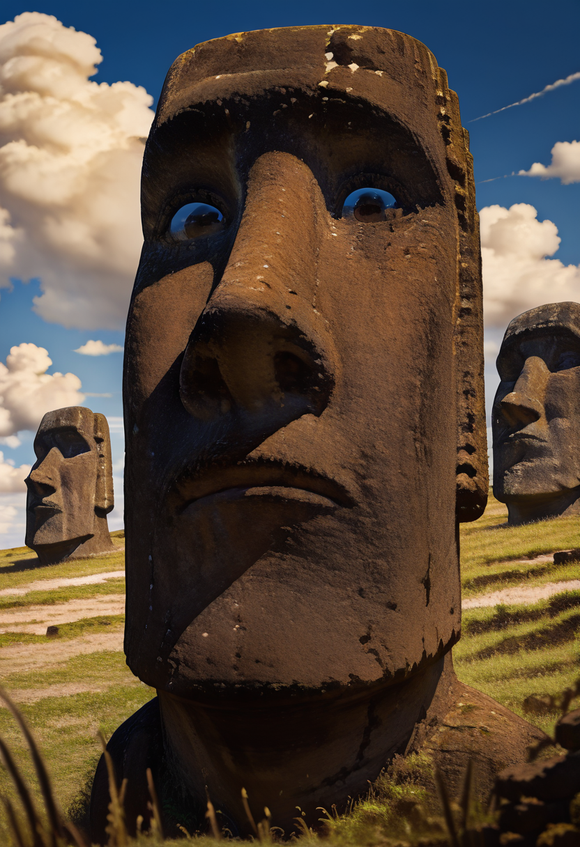masterpiece, best quality, no humans,   zzMoai, outdoors, sky, day, cloud, blurry, blue sky, cloudy sky, grass, scenery, realistic,  ,<lora:MoaiEasterIsland_IXL:1.0>,