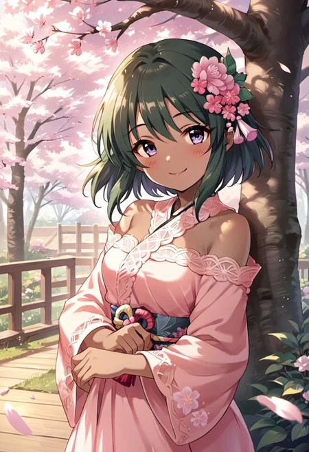 score_9, score_8_up, score_7_up, source_anime, natalia, short hair, dark-skinned female, dark skin, purple eyes, green hair, 1girl, tree, solo, hair ornament, dress, smile, flower, cherry blossoms, hair flower, looking at viewer, blush, bare shoulders