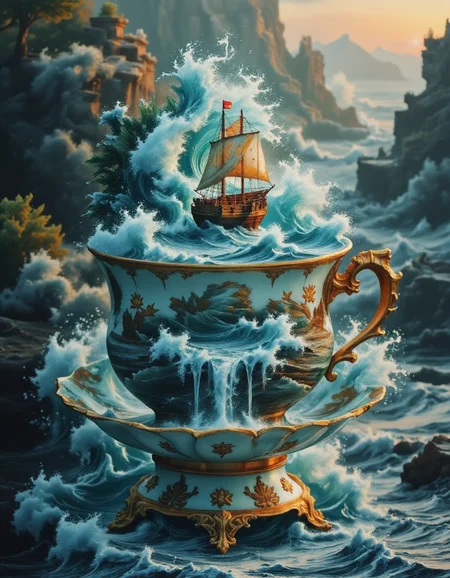 bo-exposure, Jedhydipa, Detailed ornate teacup, porcelain, gold accents, miniature wooden sailing ship, ocean waves, misty waterfall, intricate artistry, detailed scenery, whimsical miniature, artistic craftsmanship. A porcelain teacup, detailed with intricate, hand-painted ocean waves, surrounds a miniature wooden sailing ship. The waves are deep teal and turquoise, with whitecaps, and realistic rocky, mountainous shores and trees in a detailed miniature landscape painted onto the cup. The cup sits on a detailed ornate golden base. A misty waterfall flows down and around the base and rocks. The entire scene is rendered in a fine detail, rich, and luminous quality. The lighting is soft, casting gentle highlights on the miniature scenery. A detailed perspective emphasizes the miniature scale of the ship. Atmospheric perspective creates a sense of depth, with soft mist surrounding the scene. Elegant, detailed gold detailing. Whimsical, tranquil mood. High-resolution image, realistic lighting, refined craftsmanship. High level of artistry, artisan level detail. Vintage aesthetic. Detailed miniature landscape in the porcelain cup. Oriental style. Enchanted, serene, calm mood. <lora:MJ52_v1.3_Li (0.1-0.8):0.8> <lora:MJ52_v2.0 (0.1-1):1> <lora:Realistische digitale Malerei--Jedhydipa:1> <lora:s:1.6>