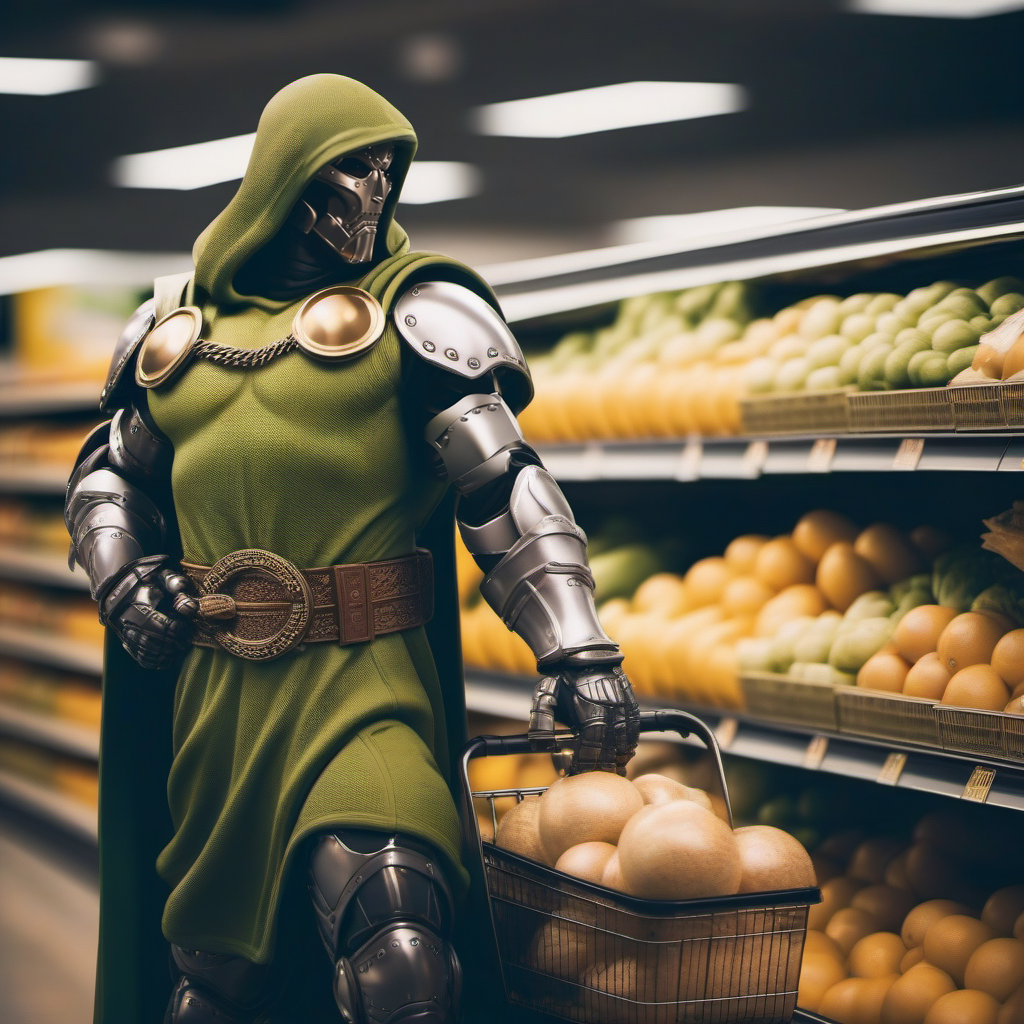 cinematic photo DrDoom1024, full body,  a man with a mask and a hood ((grocery shopping)), wallmart <lora:DrDoom1024:0.8> . 35mm photograph, film, bokeh, professional, 4k, highly detailed