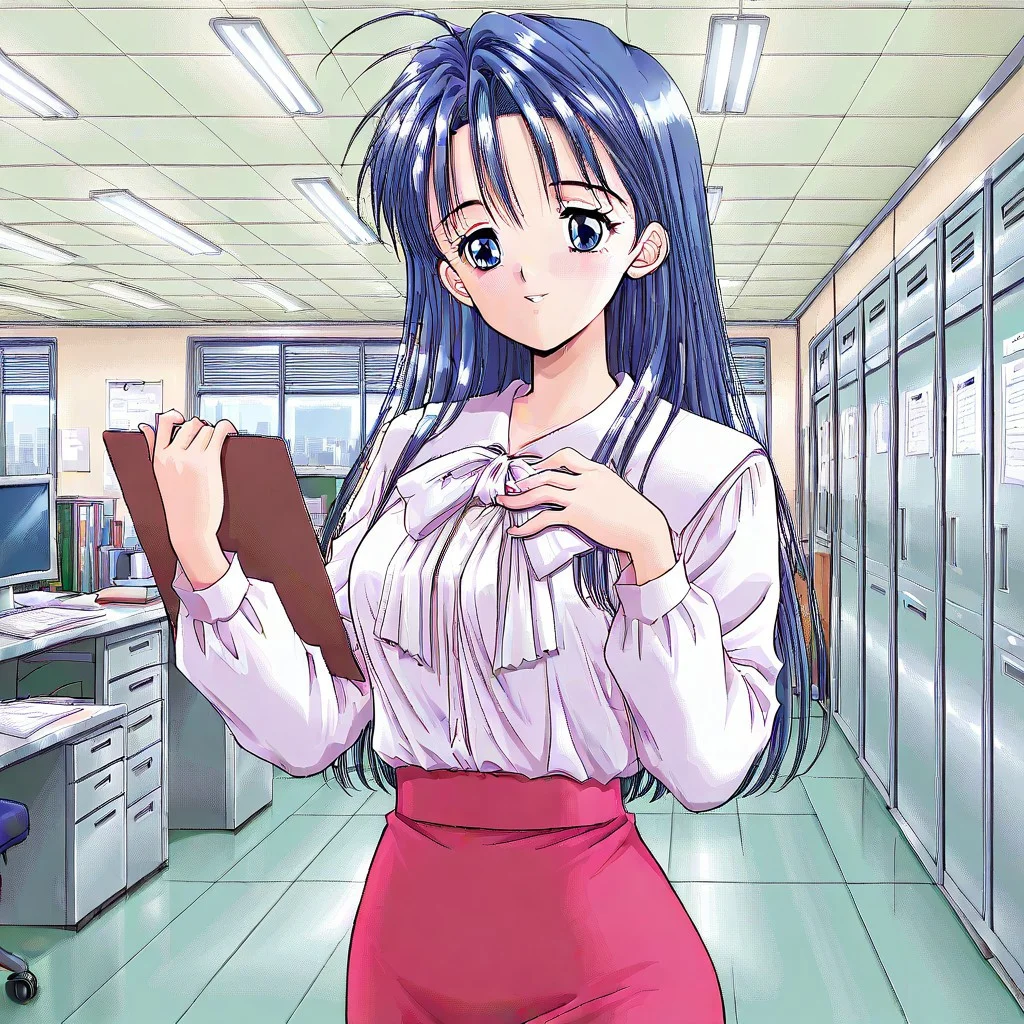 masterpiece, best quality, anime screenshot,girl, solo, MotokoFujitani, Ahoge, Blue Hair, Long Hair, blue eyes, light smile, blush, closed mouth, mature_woman, medium breasts, blouse, white shirt, long sleeves, white ribbon, ribbon shirt, pink skirt, pencil skirt,hand own chest, parted lips, holding,clipboard, upper body, indoor, office, cowboy shot,
