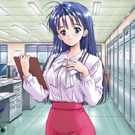 masterpiece, best quality, anime screenshot,girl, solo, MotokoFujitani, Ahoge, Blue Hair, Long Hair, blue eyes, light smile, blush, closed mouth, mature_woman, medium breasts, blouse, white shirt, long sleeves, white ribbon, ribbon shirt, pink skirt, pencil skirt,hand own chest, parted lips, holding,clipboard, upper body, indoor, office, cowboy shot,