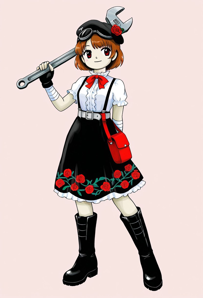 watercolor, aesthetic, colorful, jaggy lines, zun \(style\), BREAK, 1girl, solo, (tall, broad chest, wide waist, mature, red eyes, brown hair, short hair, black beret, black goggles on head, rose on head, red bow tie, silver belt buckle, white blouse, short sleeves, black skirt, floral skirt, white frills, black gloves, hand wraps, arm wraps, tall boots, black footwear, black suspenders, red pouches, red satchel), standing, holding tool, (huge_metal_wrench), hand behind back), full body, simple background,