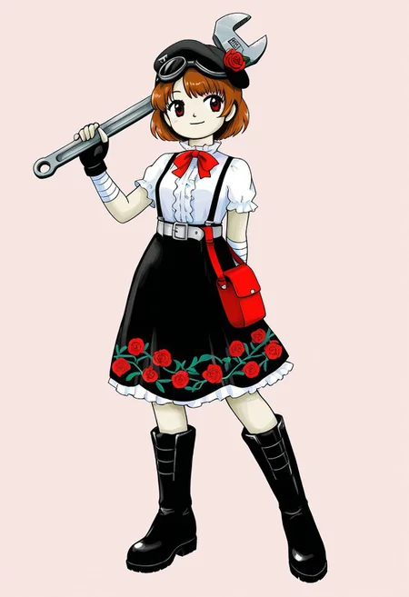 watercolor, aesthetic, colorful, jaggy lines, zun \(style\), BREAK, 1girl, solo, (tall, broad chest, wide waist, mature, red eyes, brown hair, short hair, black beret, black goggles on head, rose on head, red bow tie, silver belt buckle, white blouse, short sleeves, black skirt, floral skirt, white frills, black gloves, hand wraps, arm wraps, tall boots, black footwear, black suspenders, red pouches, red satchel), standing, holding tool, (huge_metal_wrench), hand behind back), full body, simple background,