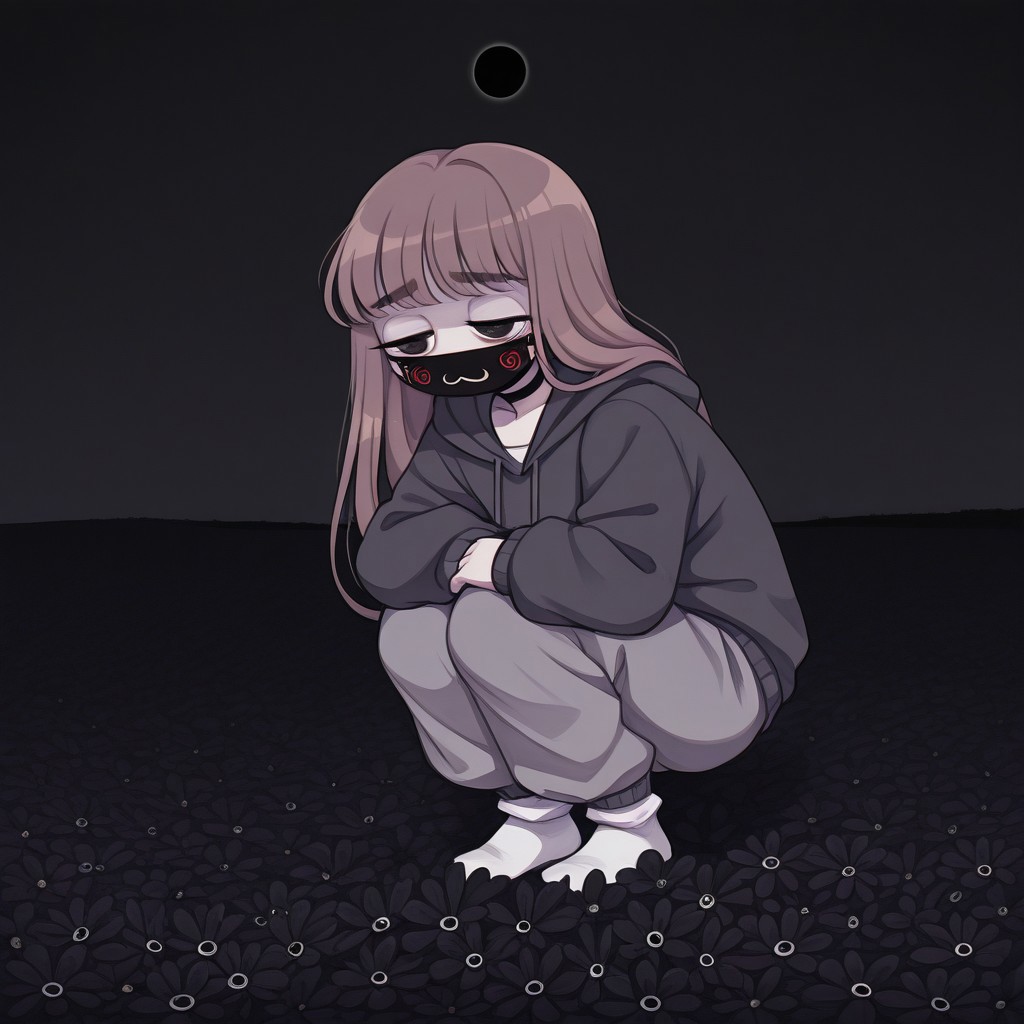 Paula,1girl,Brown hair,mask with :3 symbol,choker,bangs, hoodie,baggy gray pants,white socks,Long hair
Paula on her knees, head bowed. Paula is in a field of black flowers, a black sky, a black sun, a depressing and sad atmosphere.