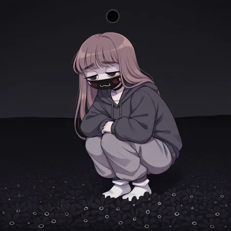 Paula,1girl,Brown hair,mask with :3 symbol,choker,bangs, hoodie,baggy gray pants,white socks,Long hair
Paula on her knees, head bowed. Paula is in a field of black flowers, a black sky, a black sun, a depressing and sad atmosphere.