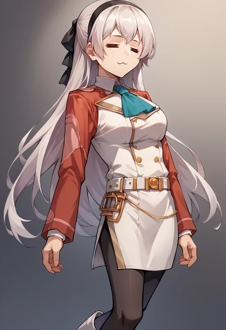 score_9, score_8_up, source_anime, 1girl, solo, =w=, :3, = =, eyes closed, zeroElie, black hairband, hair ribbon, long hair, ascot, uniform, long red sleeves, white dress, pencil skirt, belt, black pantyhose, white boots, <lora:ChamElfExpressionPonyXL:1.2>, <lora:elie-pdxl-nvwls-v1:1>
