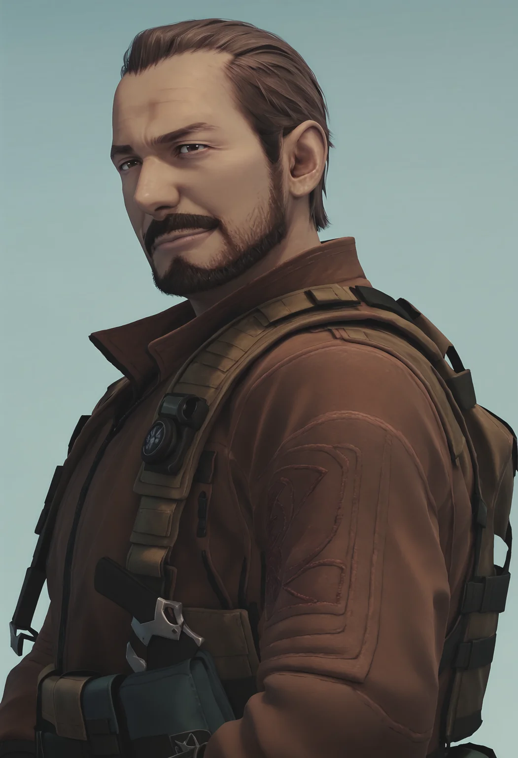 score_9, score_8_up, score_7_up, score_6_up, score_5_up, score_4_up, 1boy,  <lora:BarryBurtonRER2:0.8> solo, male focus, brown eyes, facial hair, beard, mustache, jacket, fingerless gloves, upper body, standing, smile, from side, looking at viewer,
(light blue background), simple background, 3d, render,